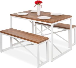 Modern 3-Piece Dining Set (Design: woodtopwhitemetalframetableand2benchchairs)