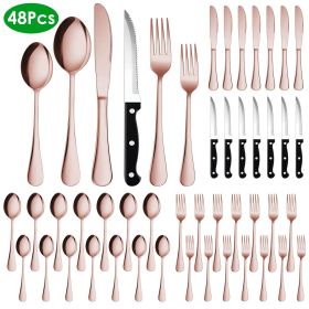 48-Piece Silverware Set Stainless Steel Flatware Cutlery Set Tableware Eating Utensils for 8 with Knife Fork Spoon Dishwasher Safe for Home Kitchen Re (Color: Rose gold)
