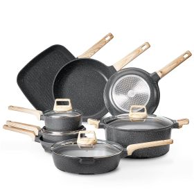 19 Piece Pots and Pans Set Granite Nonstick Kitchen Cookware Induction (Color: Black)