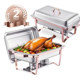 8 Qt 2 Pack Rectangle Chafing Dish Buffet Set Full Size Pan Stainless Steel (Quantity: 2 Pack, Color: Rose gold)