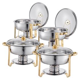 5 Qt 4 Pack Round Chafing Dish Buffet Set Full-Size Pan Stainless Steel Gold (Set: 4 Pcs, Style: Golden-Glass lid)