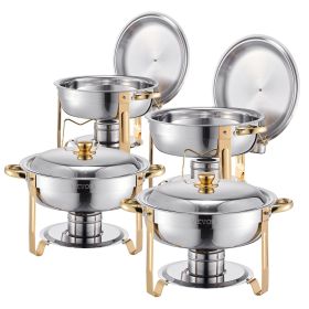 5 Qt 4 Pack Round Chafing Dish Buffet Set Full-Size Pan Stainless Steel Gold (Set: 4 Pcs, Style: Golden)
