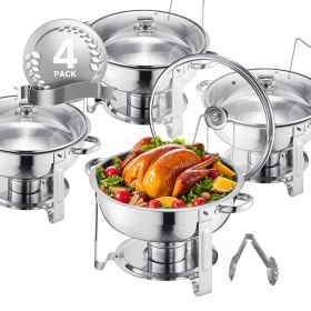 5 Qt 4 Pack Round Chafing Dish Buffet Set Full-Size Pan Stainless Steel (Color: Silver)